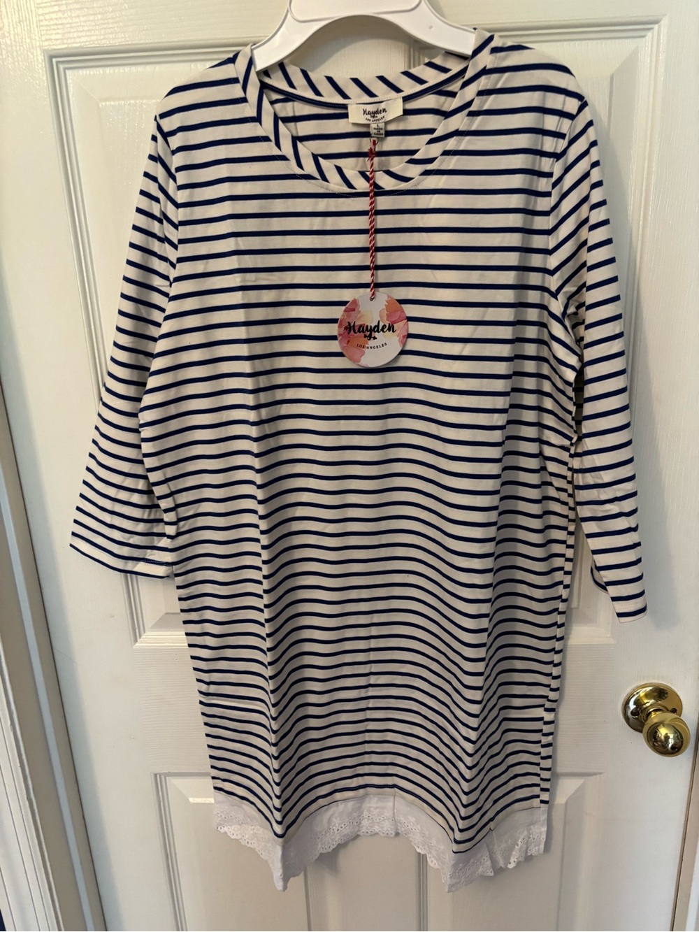 Hayden Navy & White Striped ladies Dress with Lace Hem size large